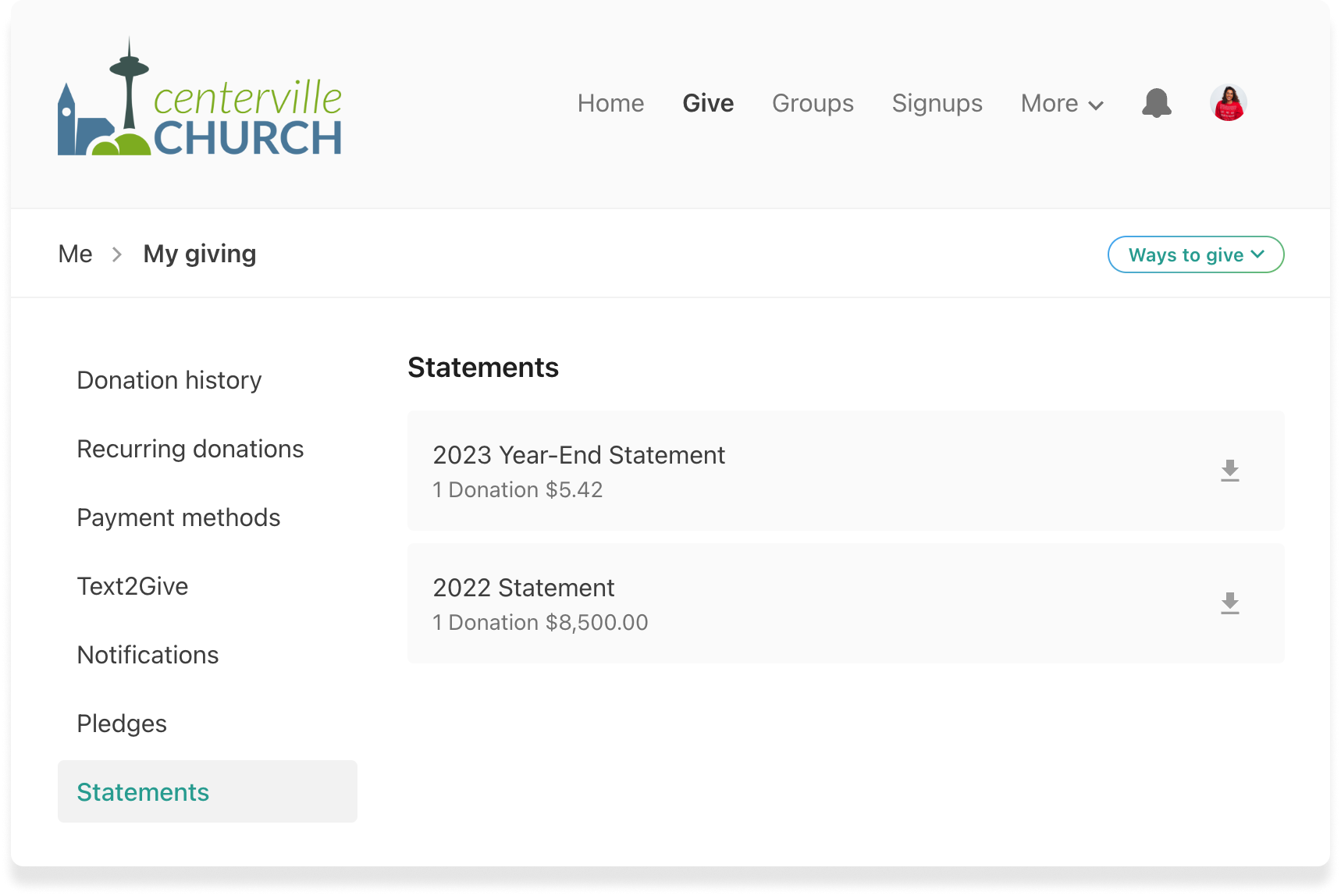 The Statements tab in Church Center with two year-end statements displayed.