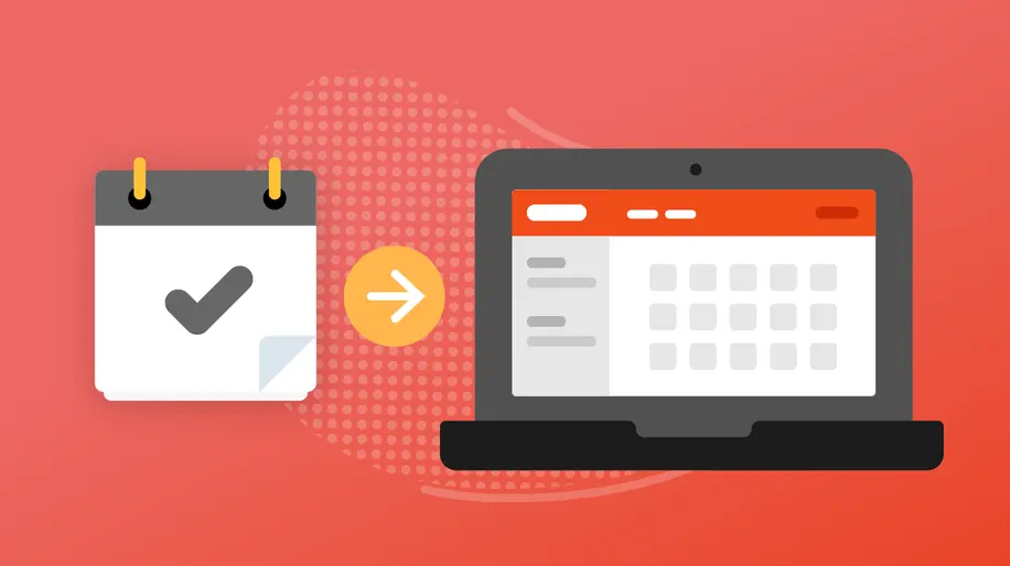 An illustrated calendar with a checkmark icon in the middle next to an illustrated open laptop displaying a calendar.