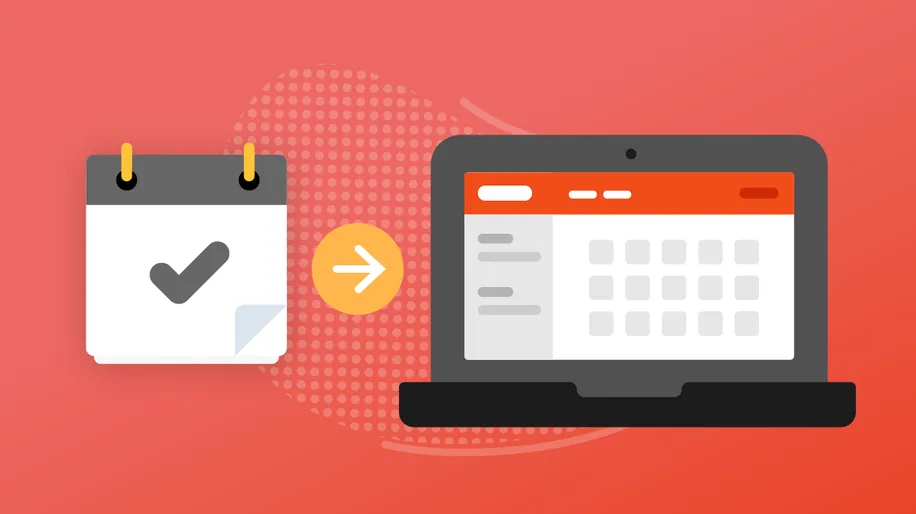 An illustrated calendar with a checkmark icon in the middle next to an illustrated open laptop displaying a calendar.