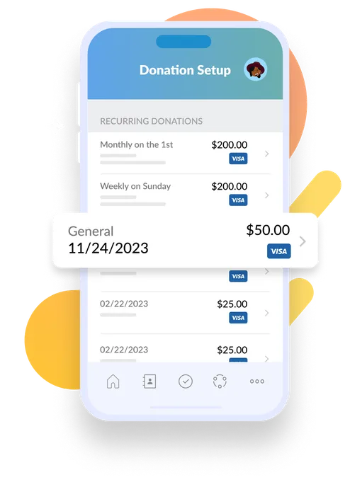 A list of recurring donations to different church funds within someone's profile on a mobile app.