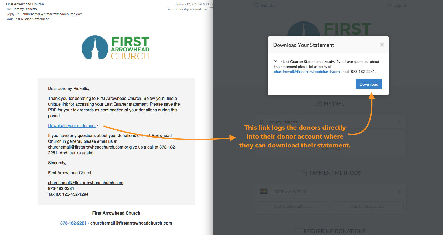 Easy Downloading An email to a donor with a link to download their donation statement.