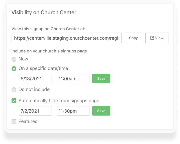 A settings modal with the option to make an event visible immediately, on a specific date/time, or to hide.