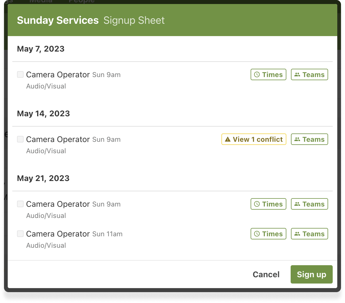 null A pop-up modal with available volunteer opportunities and times.