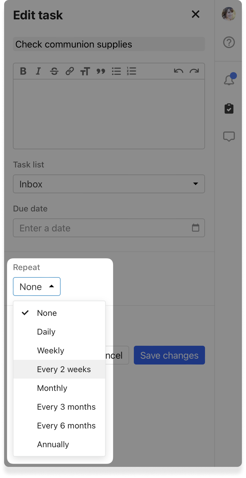 The timing options for repeating tasks in Planning Center Home.