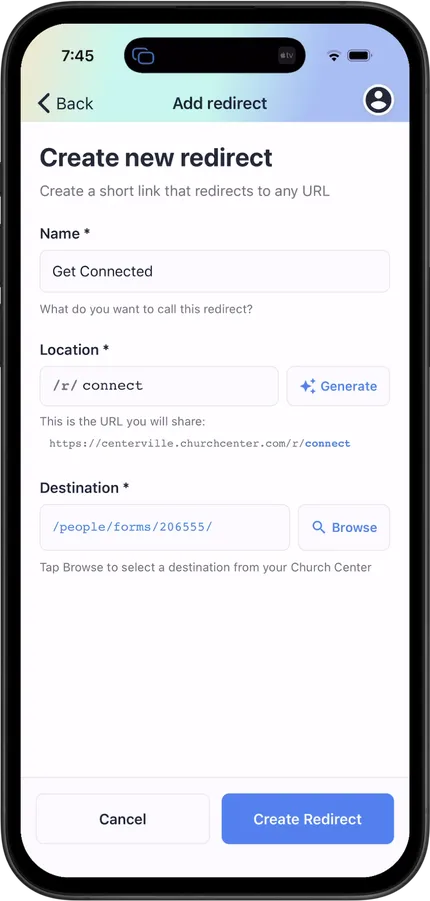 Mobile interface showing fields for creating a new redirect link with name, location, and destination inputs. Options to cancel or create.