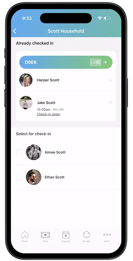 Phone screen showing a check-in app listing three users: one already checked in and two to select for check-in, with profile pictures.