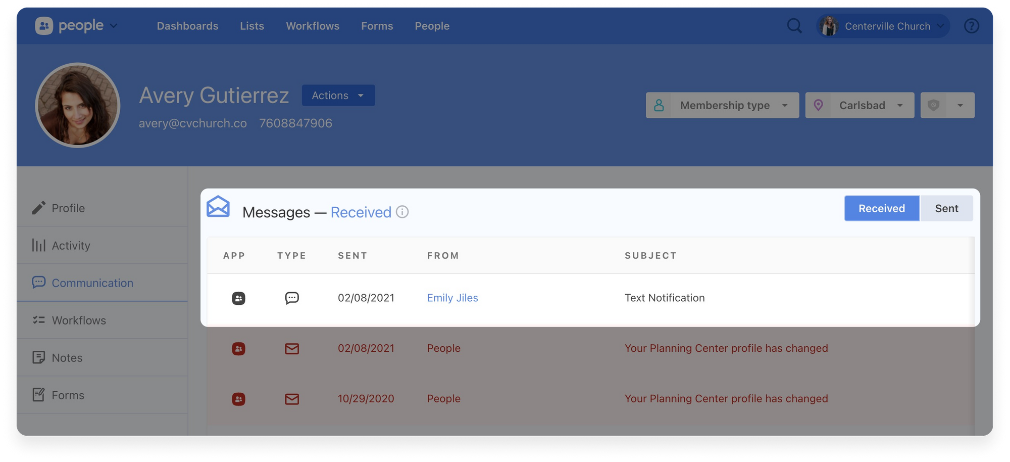 Message inbox on communications tab.