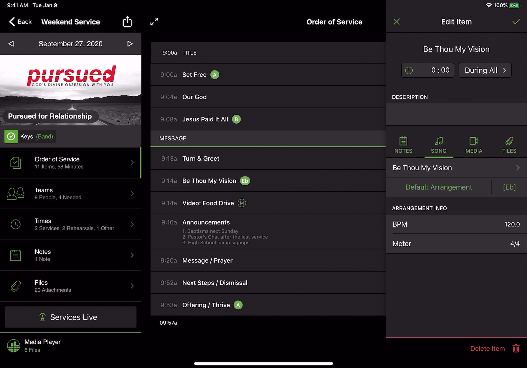 An order of service with the song order in dark mode.