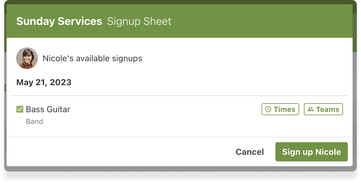 null A household signup pop-up with the volunteer position selected and a button to signup.