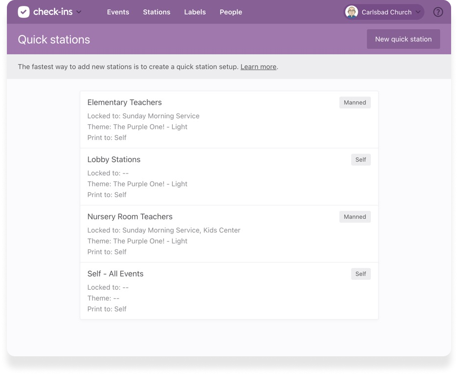 The Check-Ins quick stations setting listed by which check-in stations are set up.
