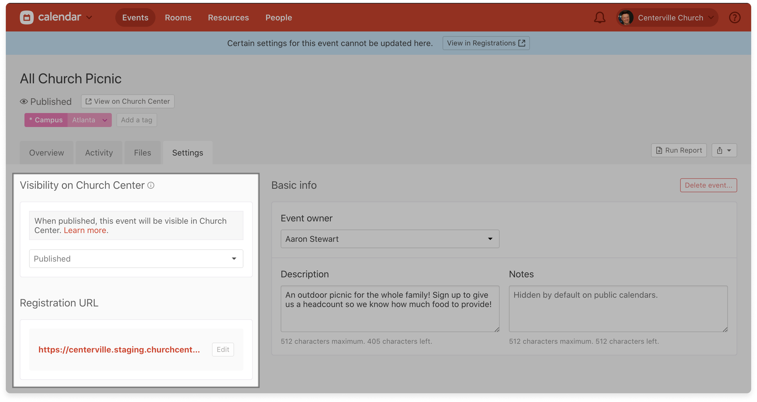 The Settings tab in Calendar with the visibility and registration URL on Church Center highlighted.