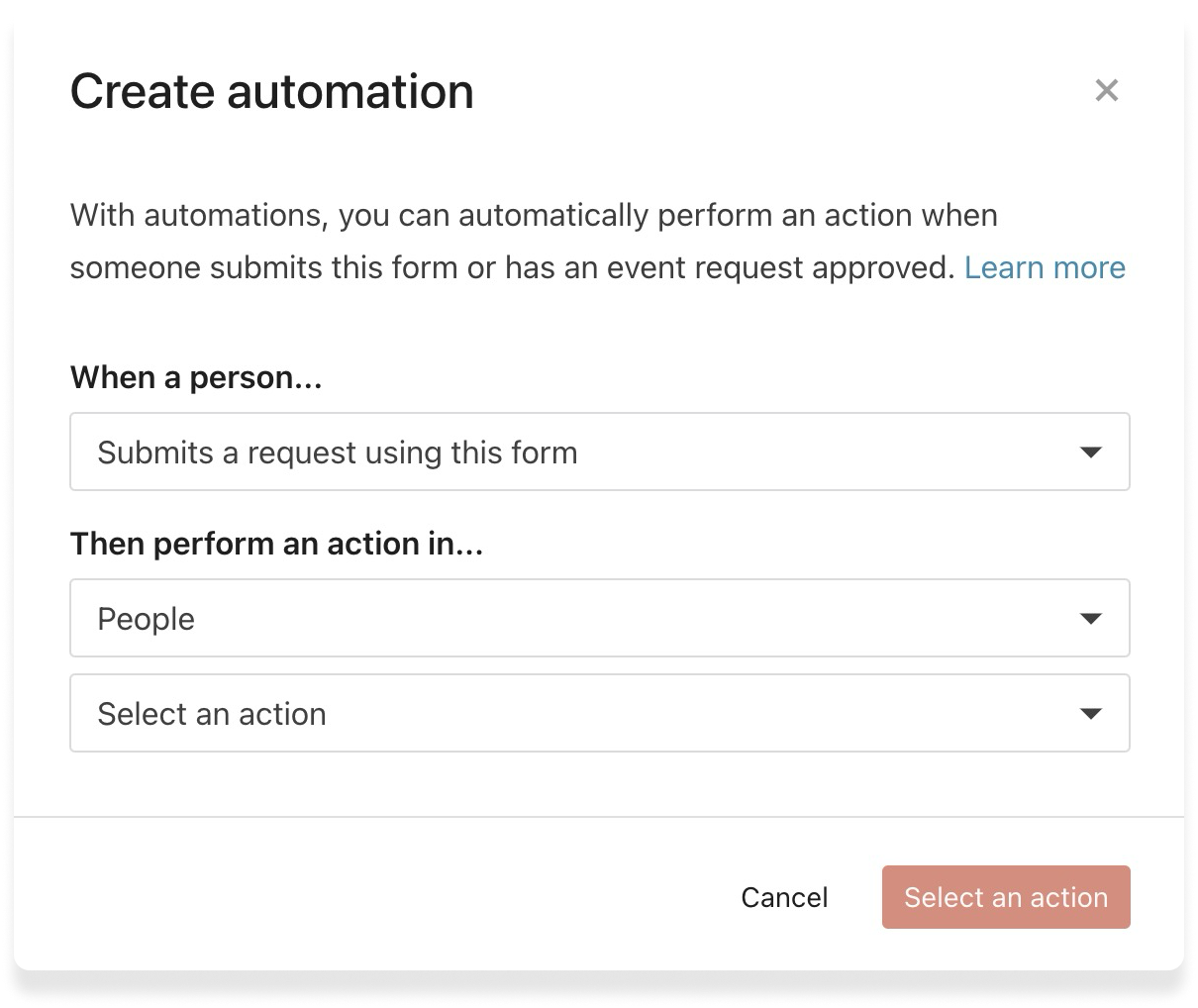 null A modal in Planning Center Calendar to create an automation with drop-down options.