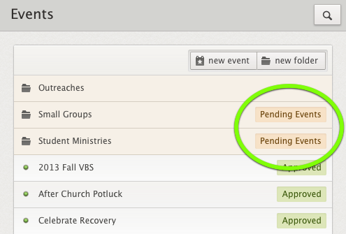 A list of events with their approval or pending status listed next to them.