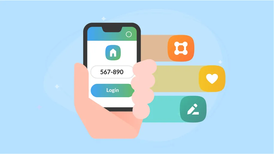 A hand holding a cell phone with numbers on the screen and a green button to log in.