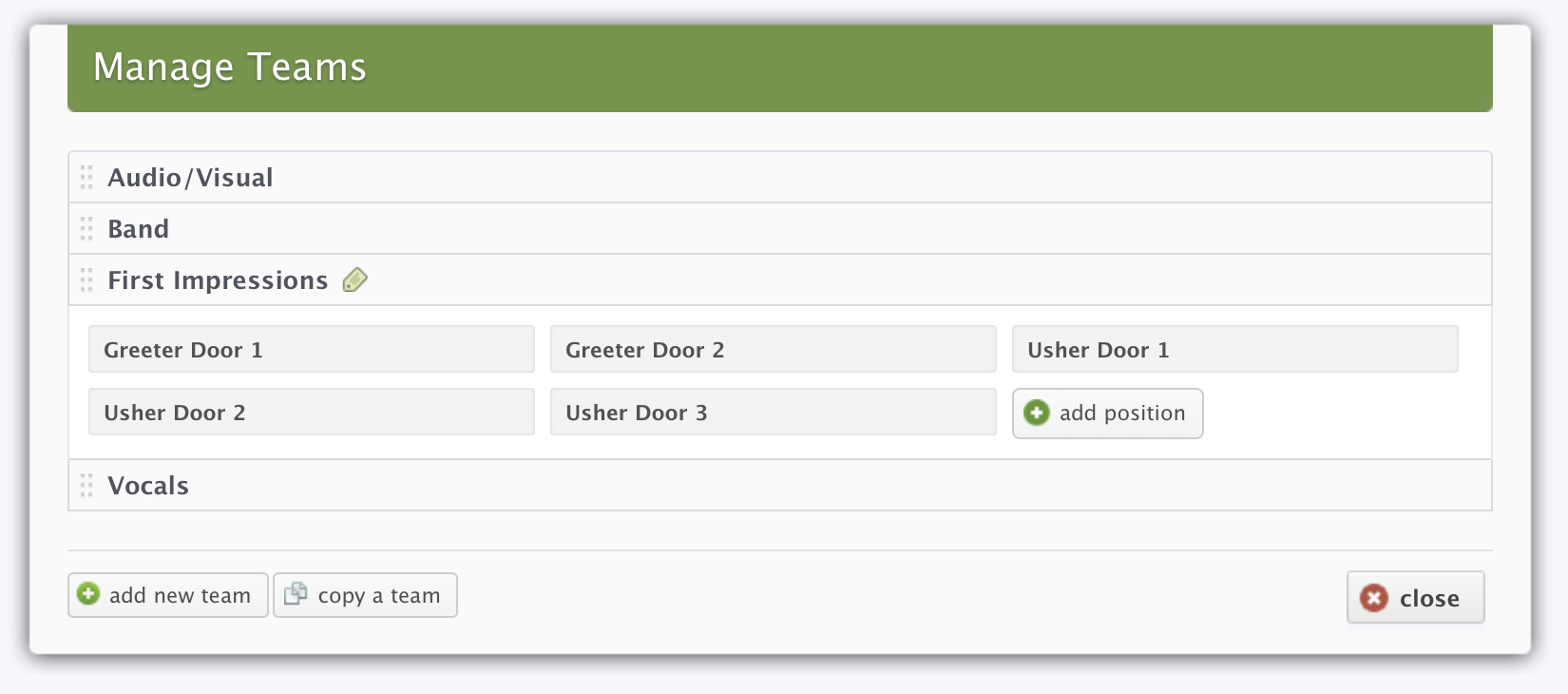 null A teams display with all teams listed, the first impression team selected, and the positions within that.
