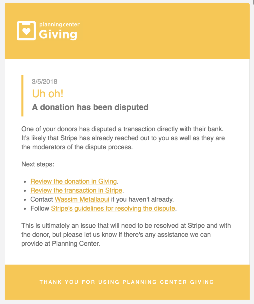 Disputed transaction email