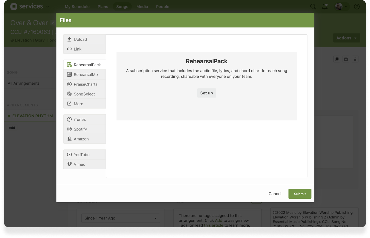 null A pop-up modal for RehearsalPack and a set up button in the middle.