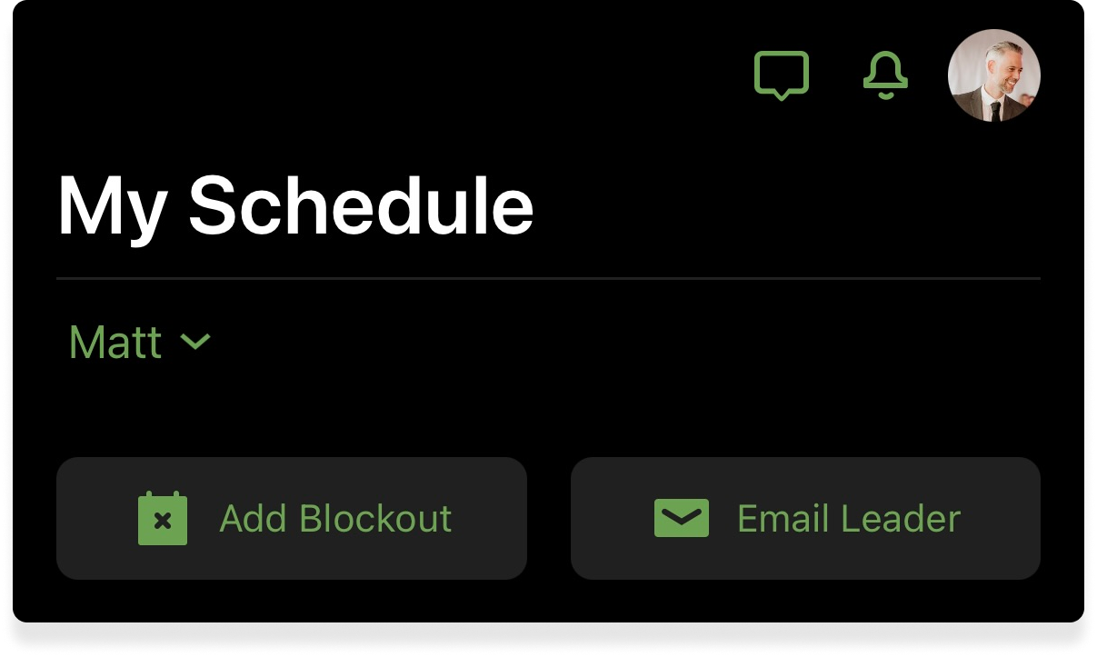The My Schedule screen in the Services mobile app displaying the chat icon in the top right.