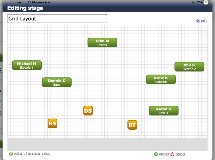 A grid layout of a stage with musicians in different positions throughout.