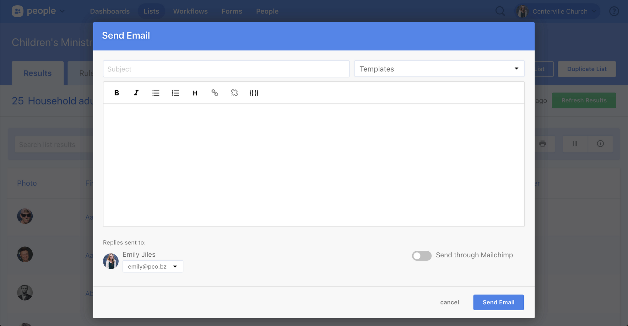 Blank email text box with highlighted send option.