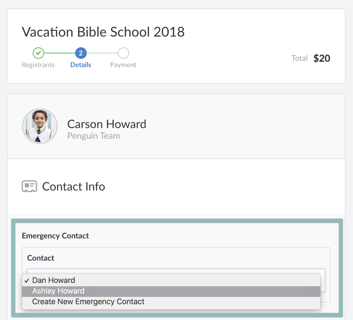 null A child's profile with a drop-down menu to select their emergency contact.