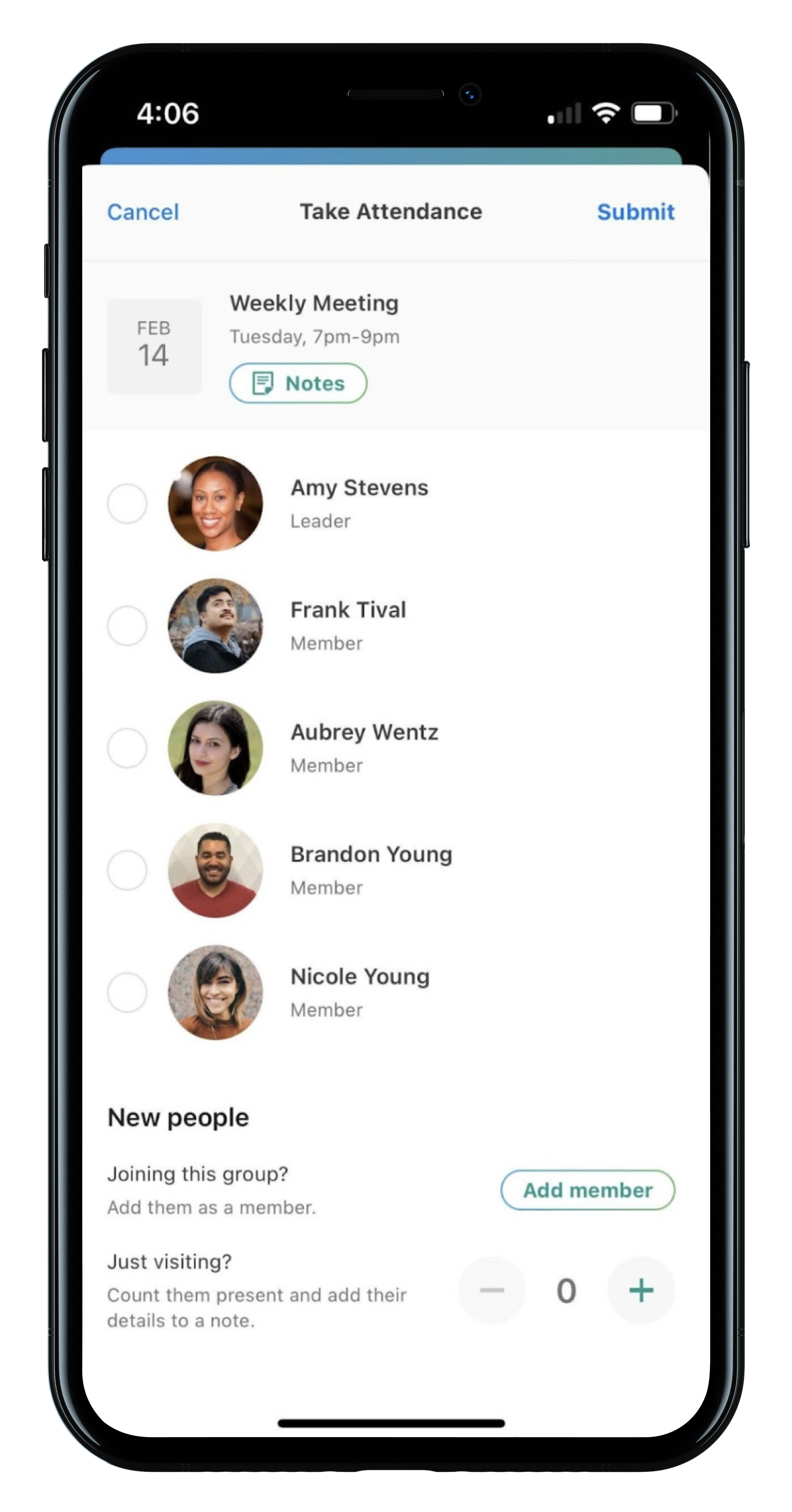 A group attendance screen on the Church Center app with profile pictures of members.