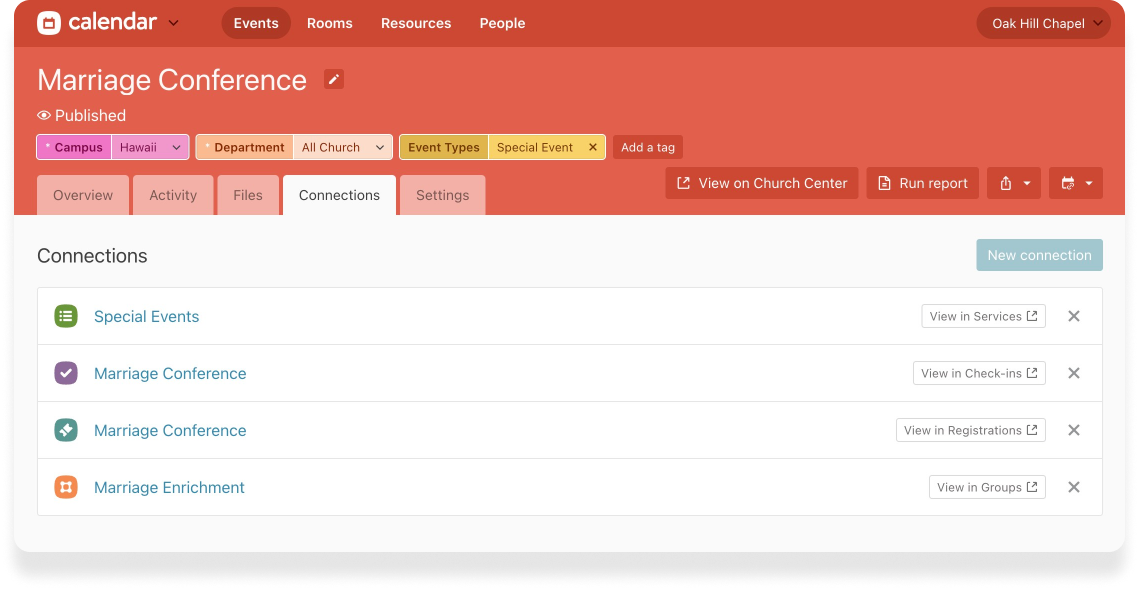 The Connections tab displaying four different Planning Center products connected to one event in Planning Center Calendar.