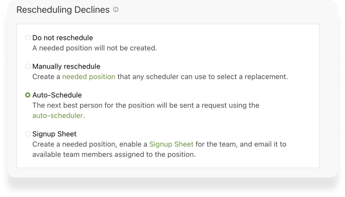 The Rescheduling Declines modal in Planning Center Services with the Auto-Scheldue option selected.