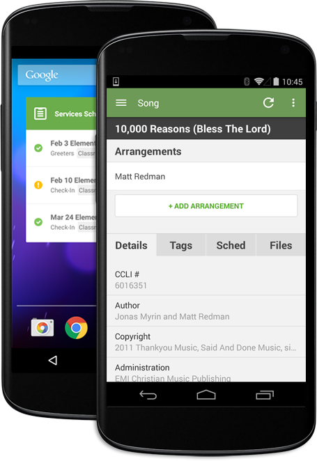 A cell phone displaying a worship song with details, tags, schedule, and files tabs for more information.
