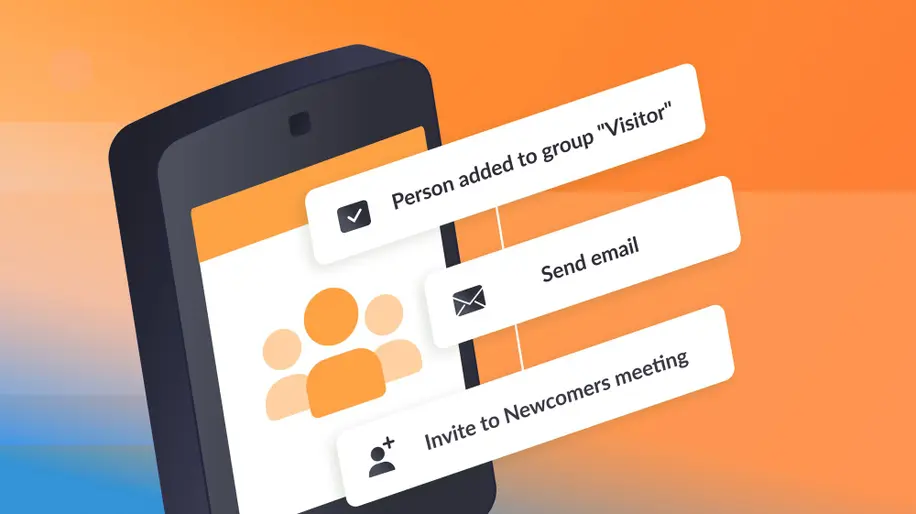 A mobile phone displaying an automation workflow that sends an email to a visitor.