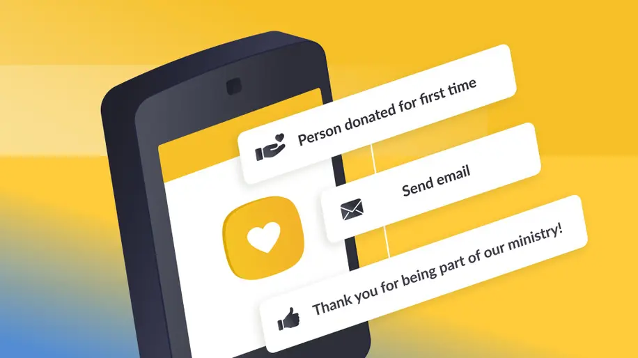 A mobile phone displaying an automation workflow that sends an email when someone donates for the first time.