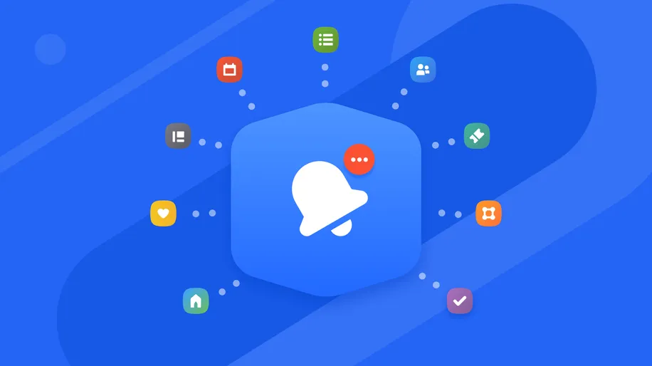 An icon of a white bell with nine Planning Center product icons floating around it against a blue background.