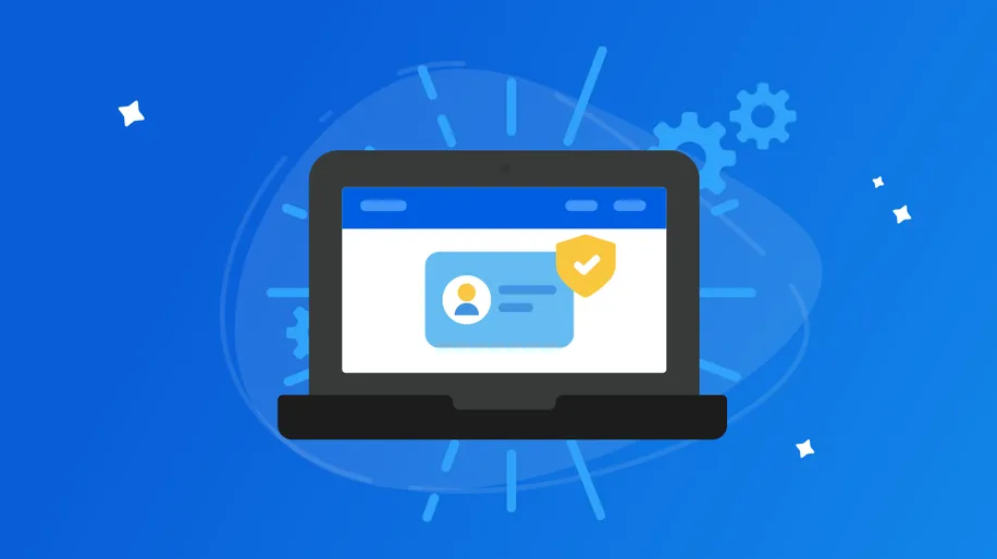 An illustrated open laptop with a person's profile on the screen. 