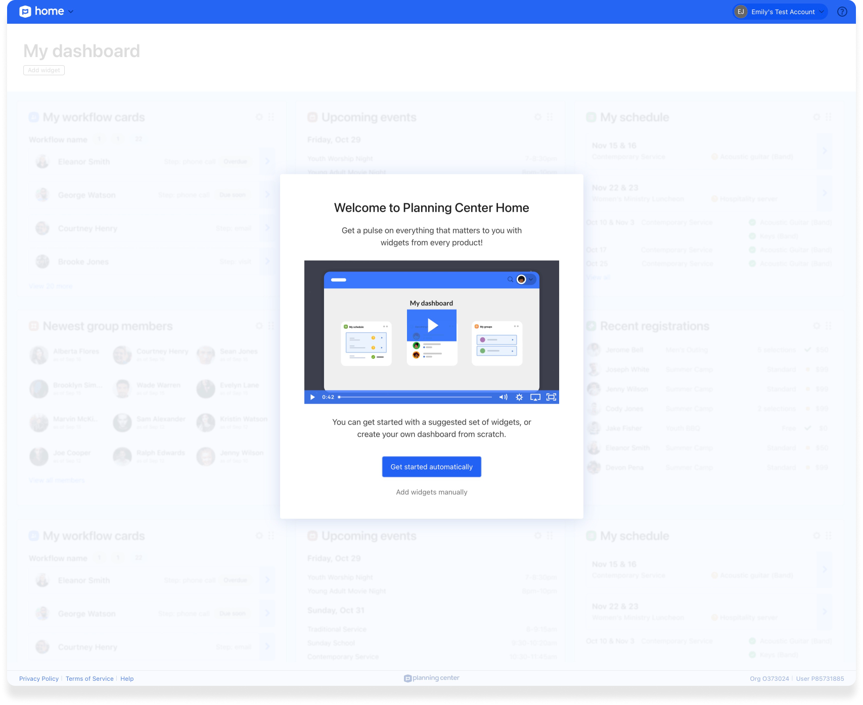 The dashboard of Planning Center Home grayed out with welcome modal overlayed and the option to watch a demo video.