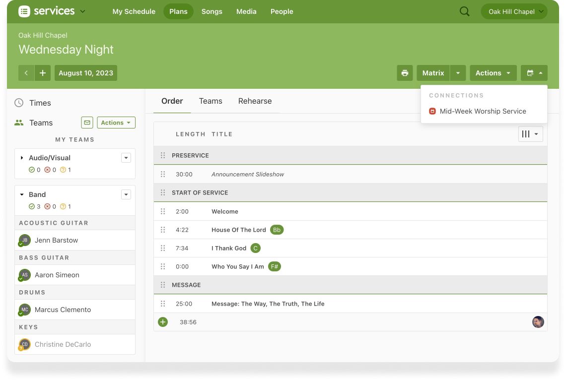 A service plan in Planning Center Services with musicians, a song list, and a drop-down menu to view in Planning Center Calendar.