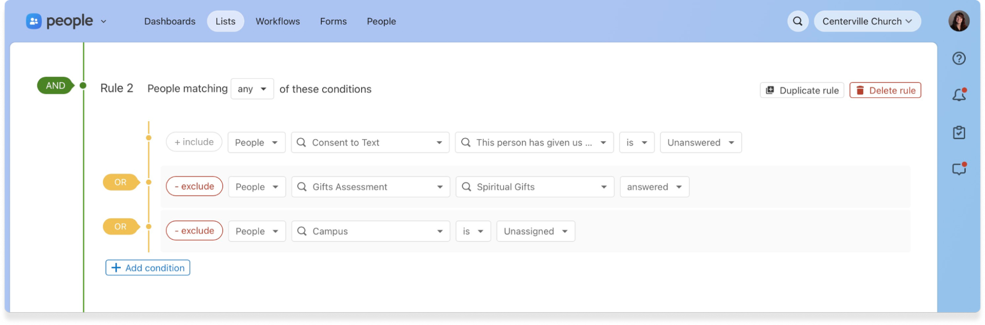 A rule for a list in Planning Center People with three different conditions added.
