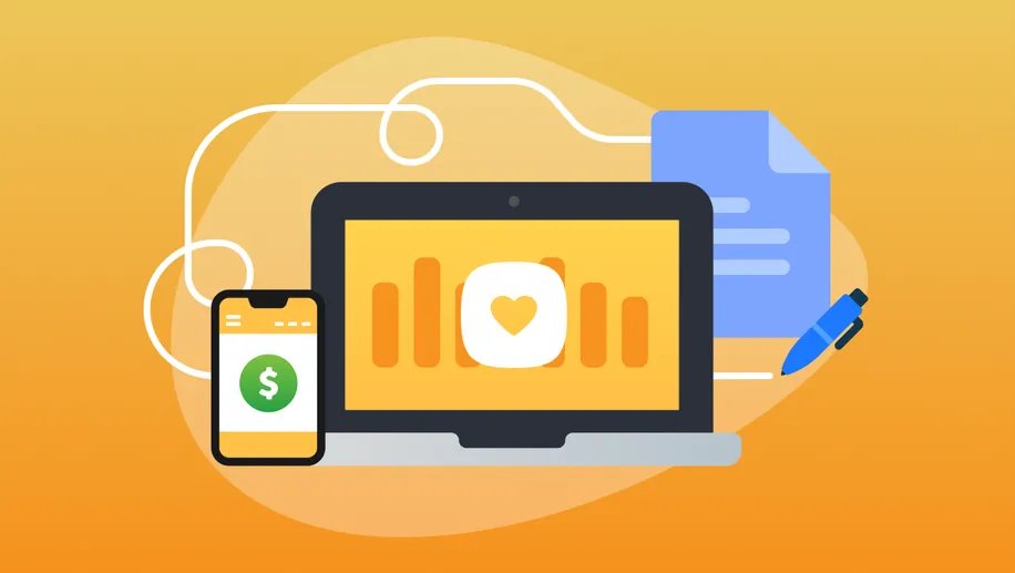 An illustrated phone with a dollar symbol on the screen next to an open laptop displaying the Giving logo.