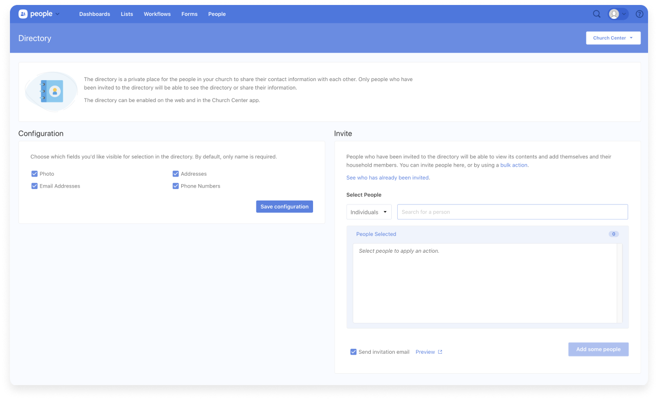 null The Planning Center People directory home page with configuration and invitation options to add people.
