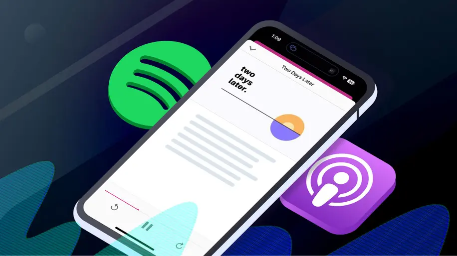 A mobile phone displaying the audio player of a sermon with the Spotify and Apple Podcasts icons in the background.