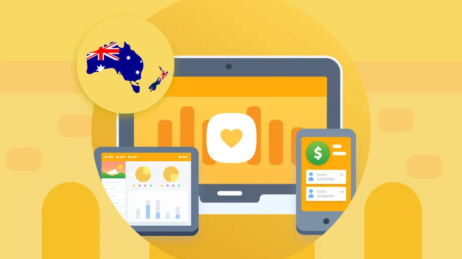 Planning Center Giving on a desktop, tablet, and mobile next to the flags for Australia and New Zealand.