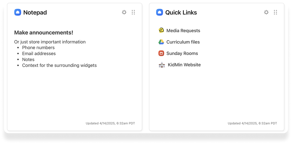 A Notepad widget and Quick Links widget in Planning Center Home.