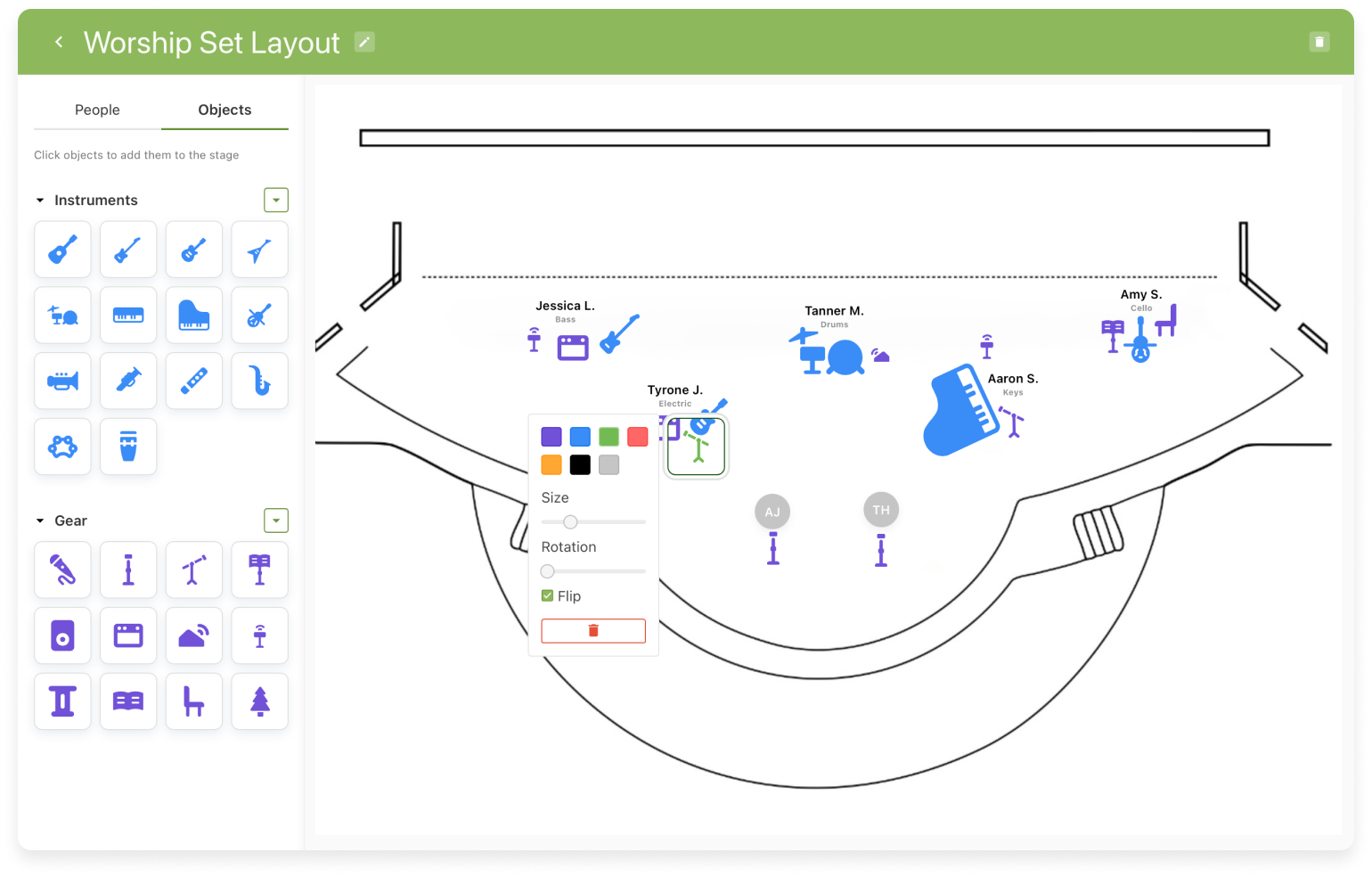 A stage layout builder with instrument and gear options to drag and drop into the plan. 