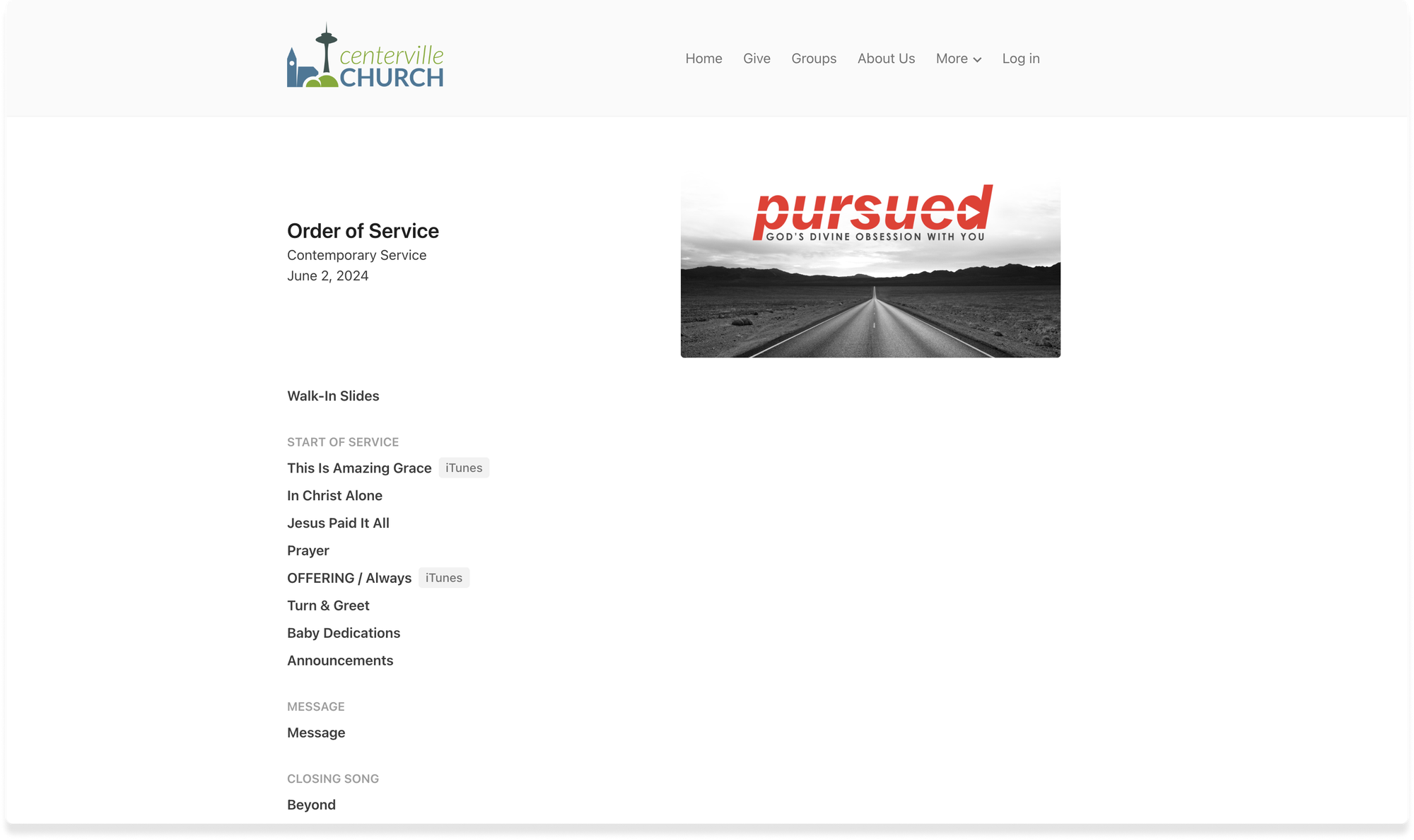 An order of service for a church service on a Church Center page.