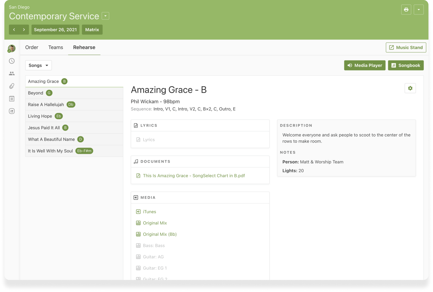 The song Amazing Grace on the Rehearse tab in Services with other songs in the queue in the right sidebar. 