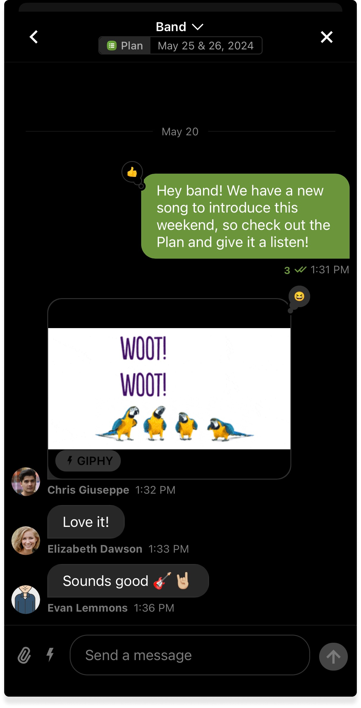 A chat thread in the Services mobile app with multiple conversation bubbles and a GIF with parrots.