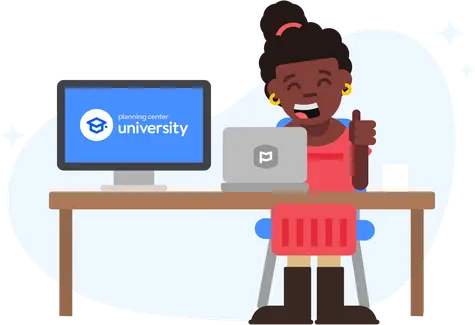 Smiling woman sitting at a table with a laptop and monitor with Planning Center University logo giving a thumbs up.