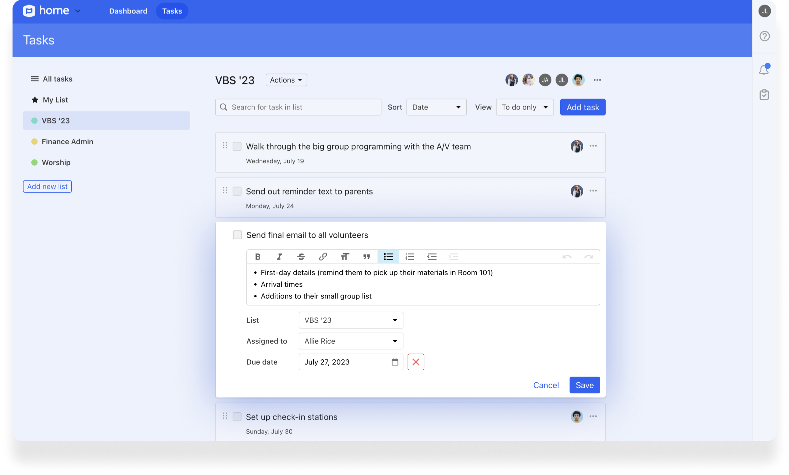 A text box to write out a new task for an event planning checklist.