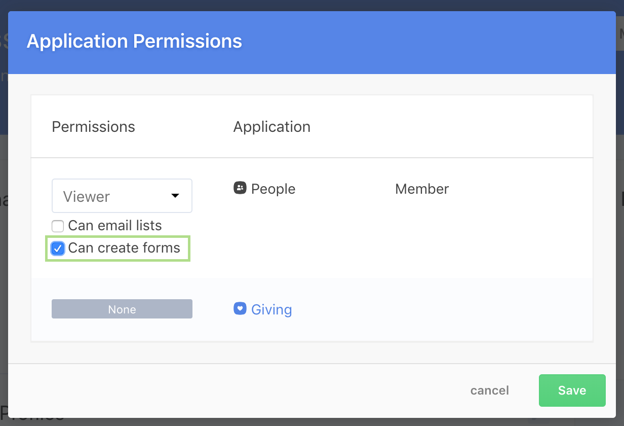 Application permissions modal with status drop-down.