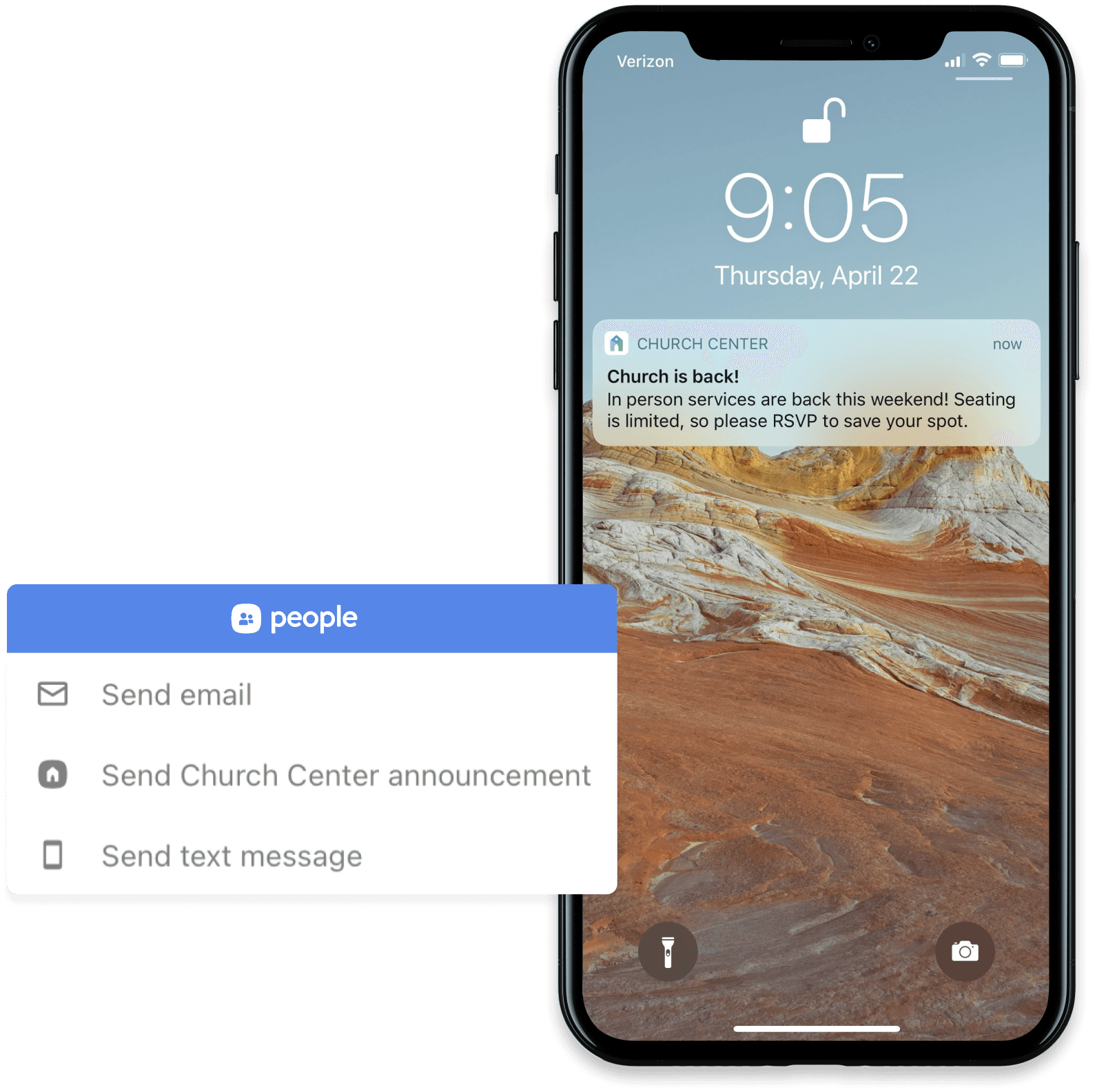 An iPhone with a push notification for the Church Center app on the screen.