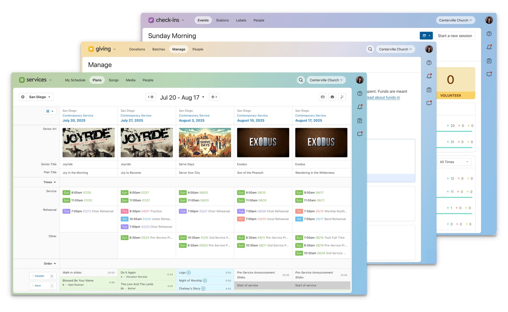 Three screenshots of Planning Center products (Services, Giving, and Check-Ins) showing the new gradient
